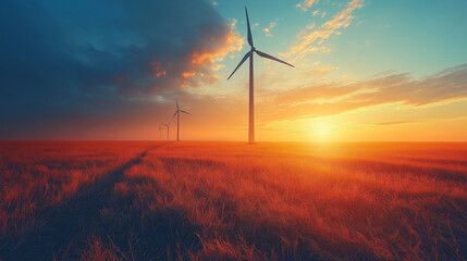 Obraz premium serene sunset over a field of wind turbines, with golden light illuminating the landscape. The sky transitions from vibrant orange to deep blue, highlighting the silhouettes of the turbines
