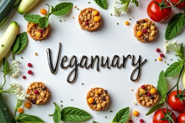 Colorful veganuary arrangement with fresh vegetables and savory snacks