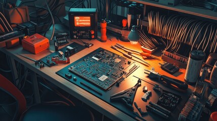 Fototapeta premium A well-organized electrician's desk with screwdrivers, wire cutters, a multimeter, and a circuit board being worked on, surrounded by cables and connectors