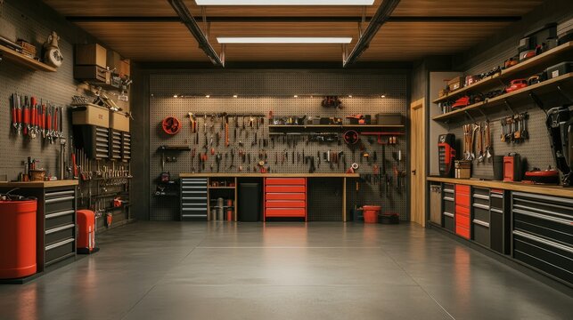A well-structured garage interior showcasing neatly hung tools on pegboards, organized shelving units, and a spacious area for parking and working