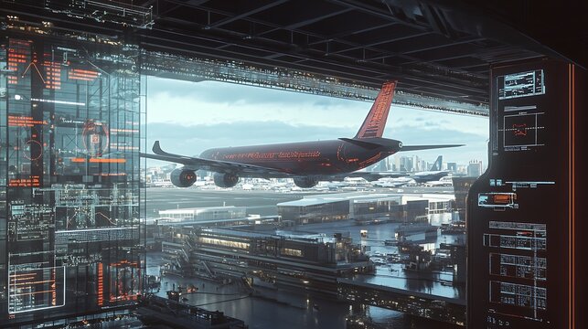 Futuristic Airport Airplane Landing Modern Cityscape