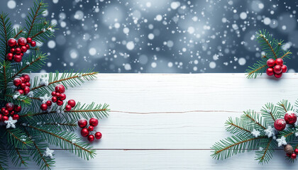 Festive Christmas decoration with lush green fir branches, sparkling snow, and red baubles, perfect for a winter holiday card