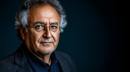 Obraz premium Thoughtful older man with curly gray hair captured against a minimalist dark background radiating wisdom and intellectual depth in subdued tones