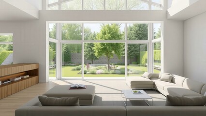 Fototapeta premium Modern Living Room with Large Windows Overlooking Lush Green Backyard, Perfect for Relaxation and Entertaining