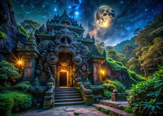 Fototapeta premium Enigmatic Night Photography of Ancient Demon Carvings at the Entrance of a Mysterious Cave Temple Illuminated by Moonlight
