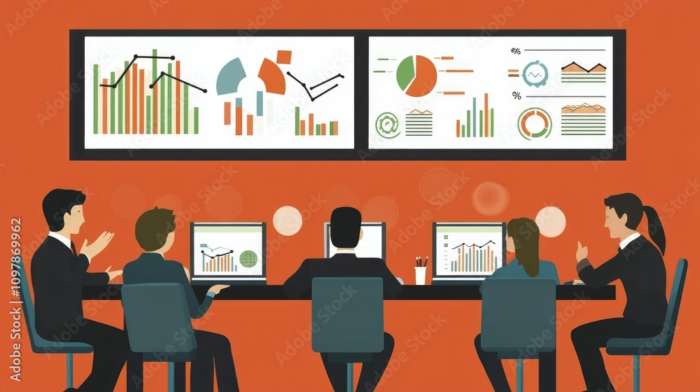 Fototapete vector banner with modern flat design featuring a business meeting where participants analyze growth