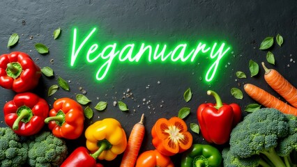 Veganuary concept with assorted fresh vegetables on dark background