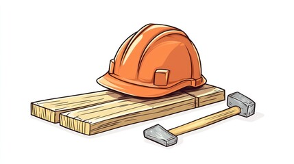 Construction Illustration Orange Hard Hat Wooden Beams Hammer Graphic