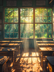 Quiet classroom scene with sunlight streaming through large windows, empty desks casting long shadows, and a nostalgic, peaceful atmosphere, anime style, wallpaper