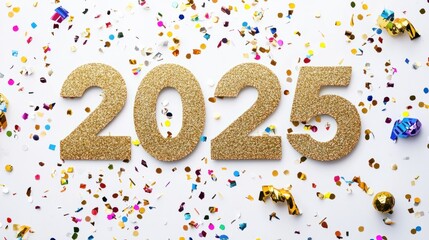 Glittery gold "2025" with festive confetti scattered, adding vibrancy to a white background