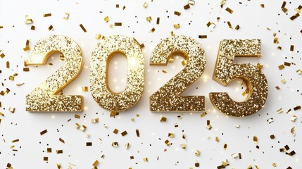 Glittery gold "2025" with glowing edges, scattered confetti, and a sleek white background