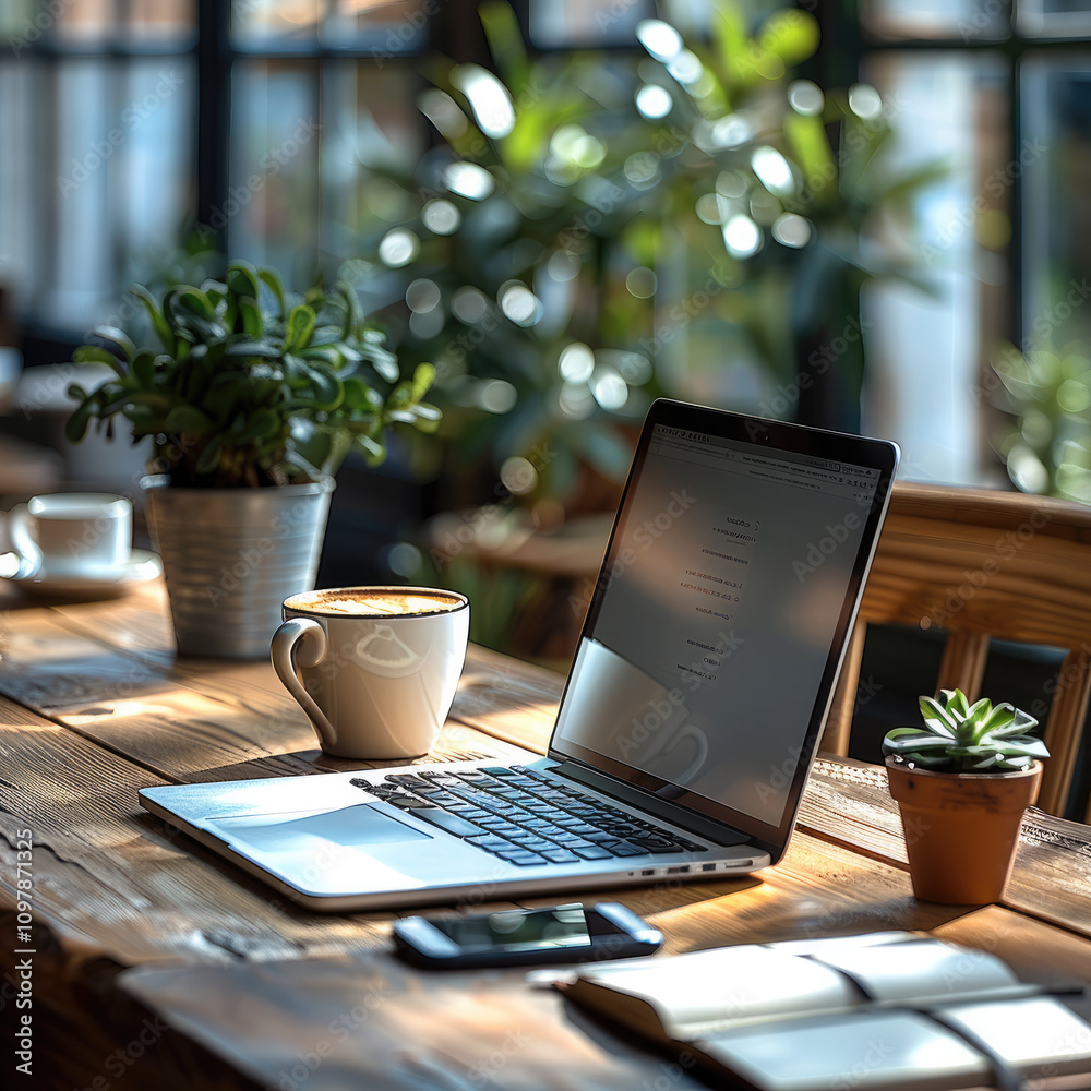 Aufkleber a bright and refreshing desk with a laptop and smartphone on the table, a notebook and a cup of coff