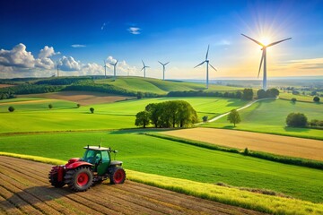 Expansive Agricultural Landscape Featuring a Working Tractor Amidst Lush Fields and Wind Turbines on the Horizon, Showcasing Modern Farming and Renewable Energy Integration