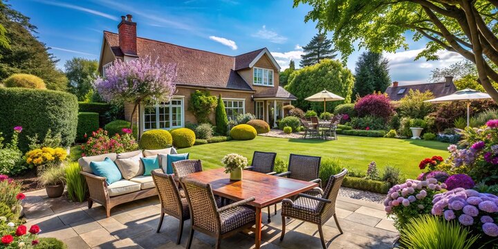 Expansive UK Home with Beautiful Garden and Outdoor Patio Furniture for Relaxation and Entertaining in a Picturesque Setting