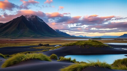 Fototapeta premium Breathtaking Mountain Sunset Landscape: Perfect for Wall Art, Desktop Backgrounds, and Nature Enthusiasts