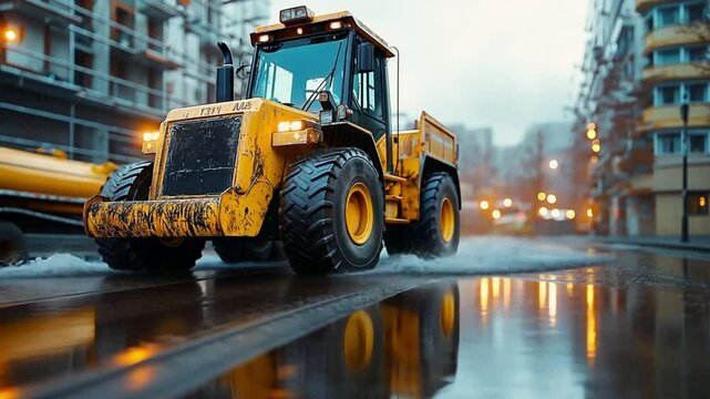 A yellow construction vehicle sits in a muddy construction zone.