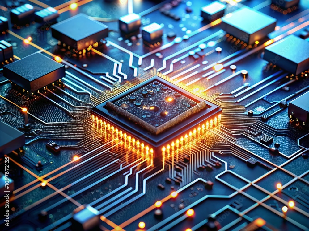 Poster exploring the intricacies of memory circuits: a high depth of field image of microchips, neural conn