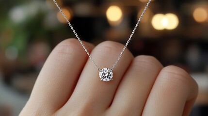 Fototapeta premium Elegant solitaire diamond pendant necklace on a delicate chain, held gently in a hand.