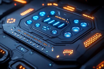 Fototapeta premium Futuristic control panel with glowing lights and buttons.