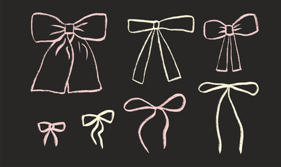 Crayon bows and ribbons set. Chalk holiday decoration pack on black background. Vector collection illustration.