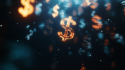 Holographic currency symbols floating in a dark space with subtle light glow - Abstract and futuristic, low lighting