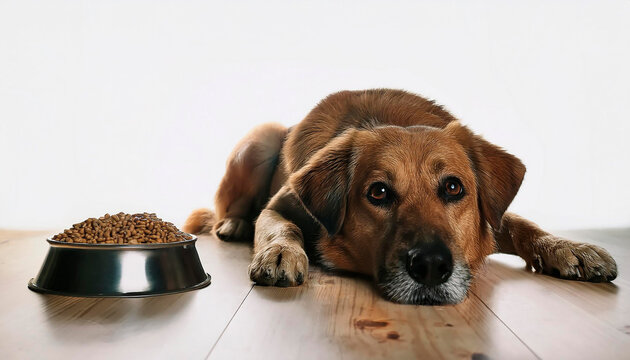 CACHORRO DEITADO AO LADO DO POTE DE RA&Ccedil;&Atilde;O SE RECUSANDO A COMER, EM UM CONCEITO DE SA&Uacute;DE ANIMAL