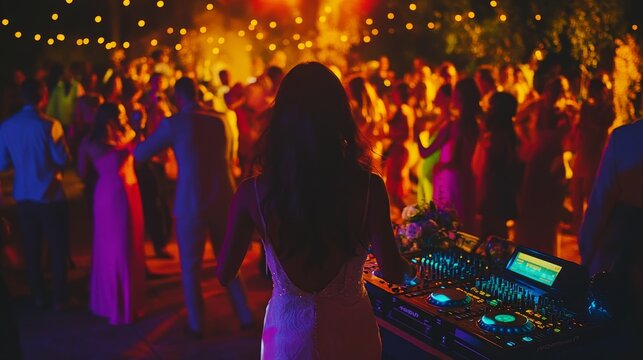 An outdoor wedding party with a DJ performing while guests dance under a canopy of lights. The festive atmosphere, with colorful lights and lively music, creates a memorable and joyful celebration