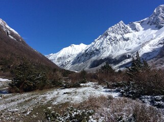 Snow covered mountains in Nepal Himalayas