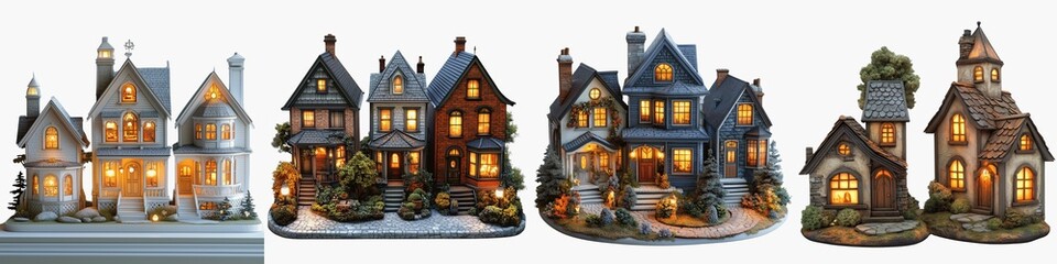 set of  A collection of three houses, each with intricate details, three houses, a collection of designs, three houses in intricate designs, three houses wrapped in compl, on a transparent backgrounds