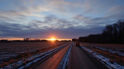 Obraz premium Serene Winter Sunset Over Railroad Tracks, Perfect for Calm Wall Art or Desktop Background