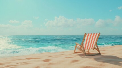 Obraz premium striped beach chair on the sand, turquoise sea and clear sky in the background
