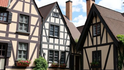 Charming Traditional Half-Timbered Houses with Beautiful Gardens under a Clear Blue Sky