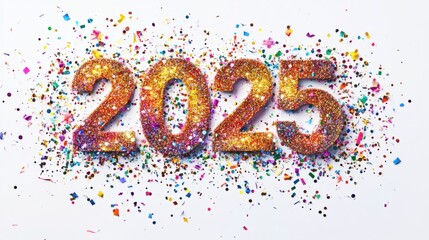 Radiant "2025" in glitter texture, with festive energy and scattered confetti on white