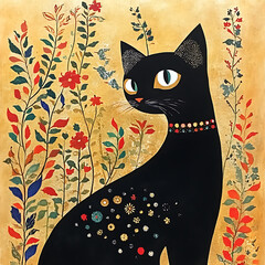 mysterious black cat adorned with colorful flowers and golden background, exuding charm and elegance. This artwork captures whimsical essence
