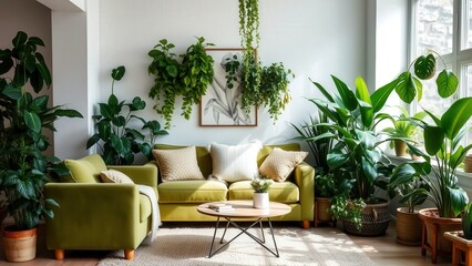 Vibrant Green Living Room with Lush Indoor Plants and Comfortable Sofa, Perfect for Relaxation and Modern Home Decor