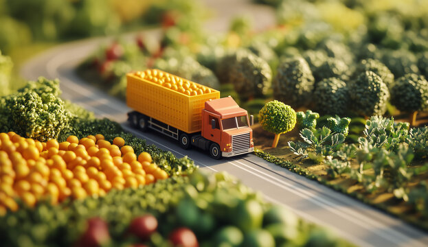 3D isometric view of a truck driving on a road surrounded by lush fields of vegetables and fruits, featuring a close-up perspective with a tilt-shift lens effect, styled in the elegance 