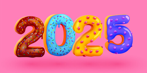 Fototapeta premium Tasty Greeting Card Happy New Year 2025. Colorful glazed Sweet numbers. Greeting Card, Banner, Poster.