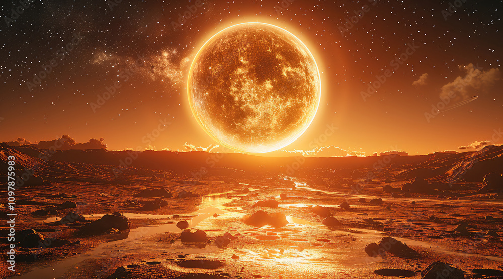 Poster mars glowing softly in the center of a vast black expanse, surrounded by a shimmering sea of a milli