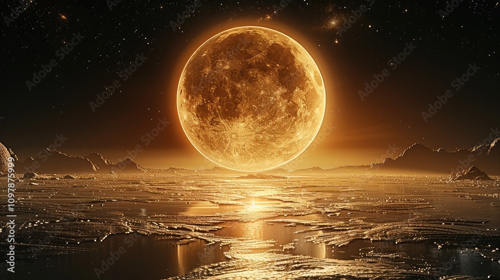 Poster mars glowing softly in the center of a vast black expanse, surrounded by a shimmering sea of a milli