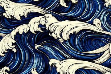 Fototapeta premium A wave with white and blue colors. The wave is very large and has a lot of detail, including the foam and the water. The painting has a calming and peaceful mood