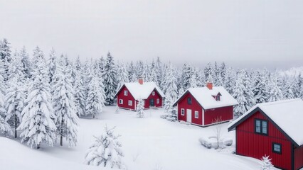 Fototapeta premium Charming Winter Village: Cozy Red Homes Nestled in Snowy Forest, Perfect for Holiday Greetings or Winter Wonderland Themes