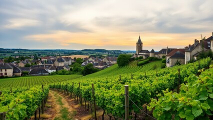 Serene Vineyard Sunset Over Picturesque French Village, Perfect for Wall Art or Home Decor