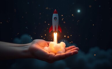 a rocket taking off from hand Concept of earning money online working in digital business entrepreneurship cryptocurrency investment digital marketing 