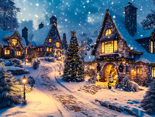 Fototapeta premium Cozy Christmas Scene with Snow-Covered Rooftops and Twinkling Lights