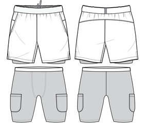 mens running shorts with compression tight two in one sports wear shorts flat sketch vector illustration front and back view technical cad drawing template