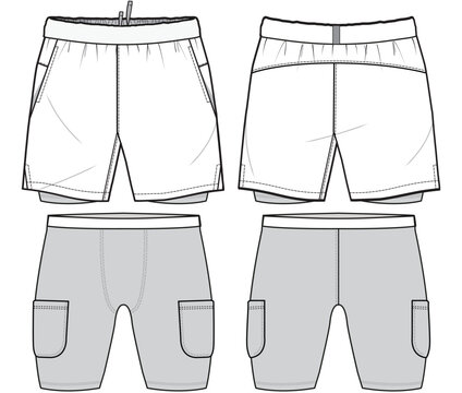 mens running shorts with compression tight two in one sports wear shorts flat sketch vector illustration front and back view technical cad drawing template