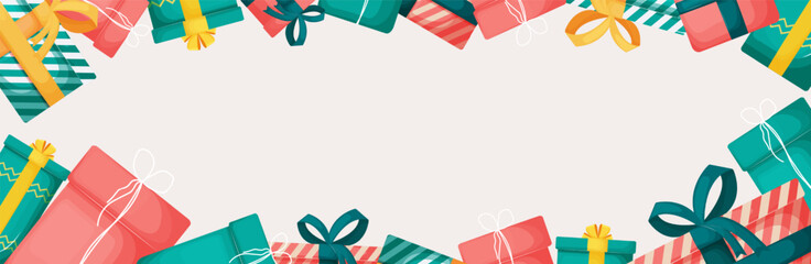 Vector illustration of festive frame created from colorful presents with bow. Design of light frame made of gift boxes