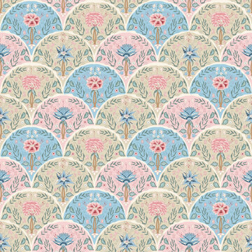 Indian chintz seamless pattern. Modern different flower scallop endless background. Floral retro repeat cover. Farmhouse continuous ornament. Vector hand drawn textile wildflower design.