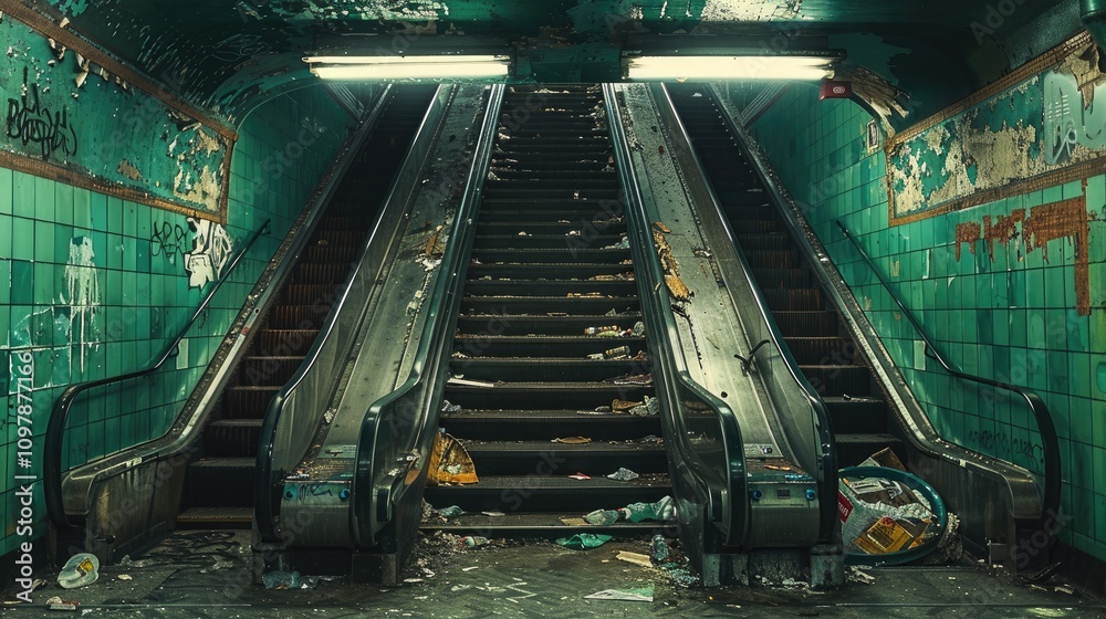 Aufkleber An abandoned subway station with broken and cracked green paint, an empty escalator that leads down to the street where there is trash everywhere.
