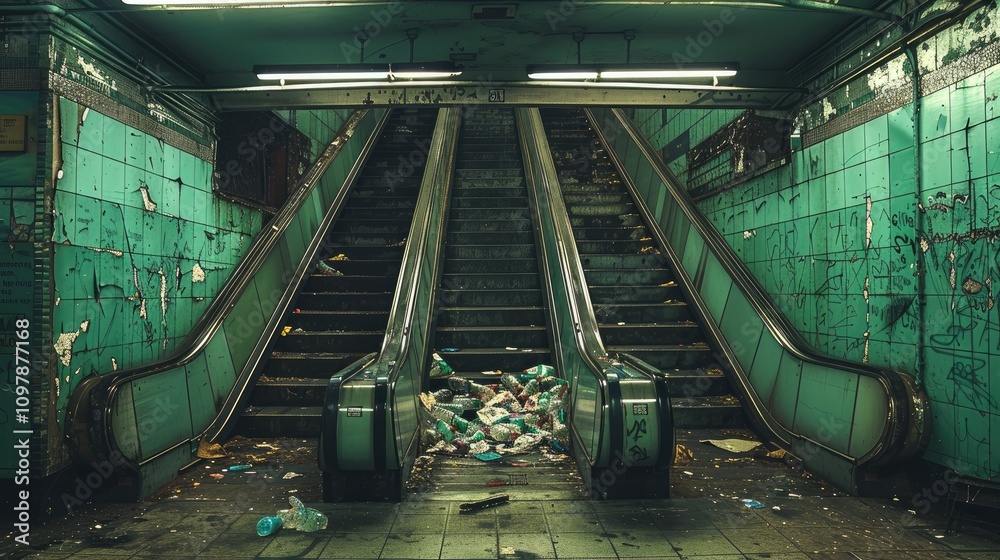 Poster an abandoned subway station with broken and cracked green paint, an empty escalator that leads down 